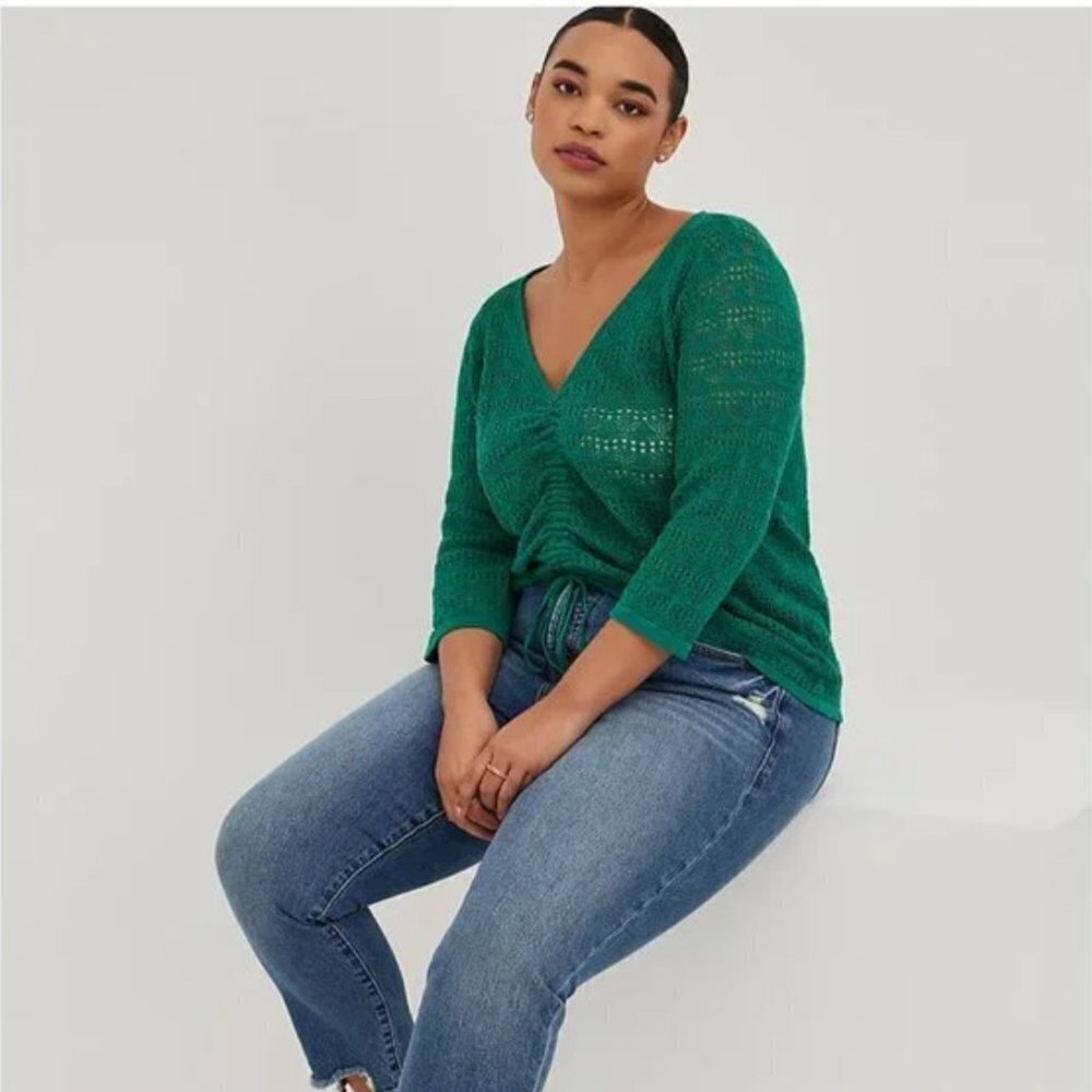 Torrid Green Crochet Open Stitch Pullover V-Neck Cinched Front Sweater / Top 1x - Picture 3 of 12